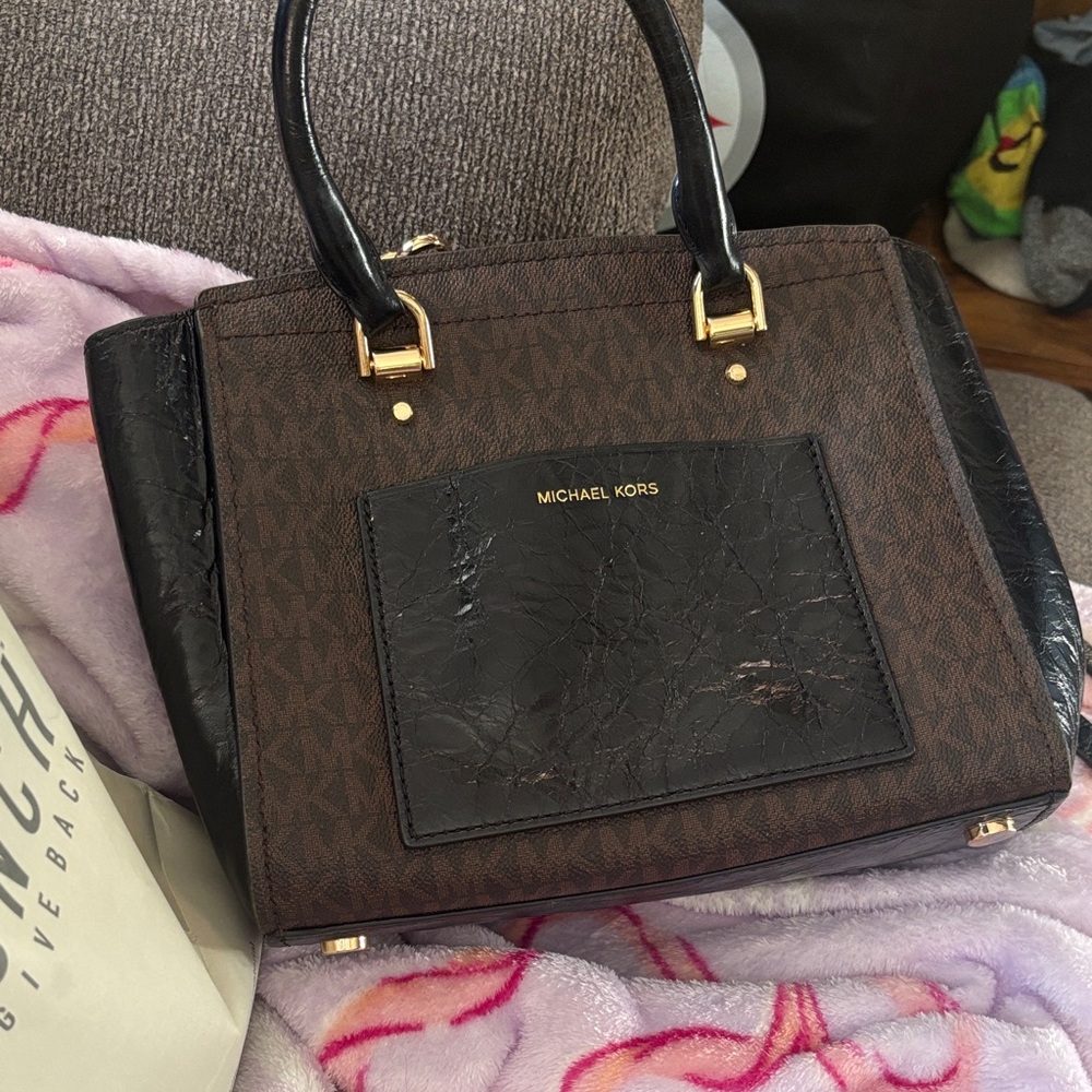 Michael Kors Brown & Black Logo-Print Satchel with Gold Hardware